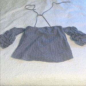 Forever 21 Blue Gingham Off-Shoulder halter Blouse navy and white plaid small
